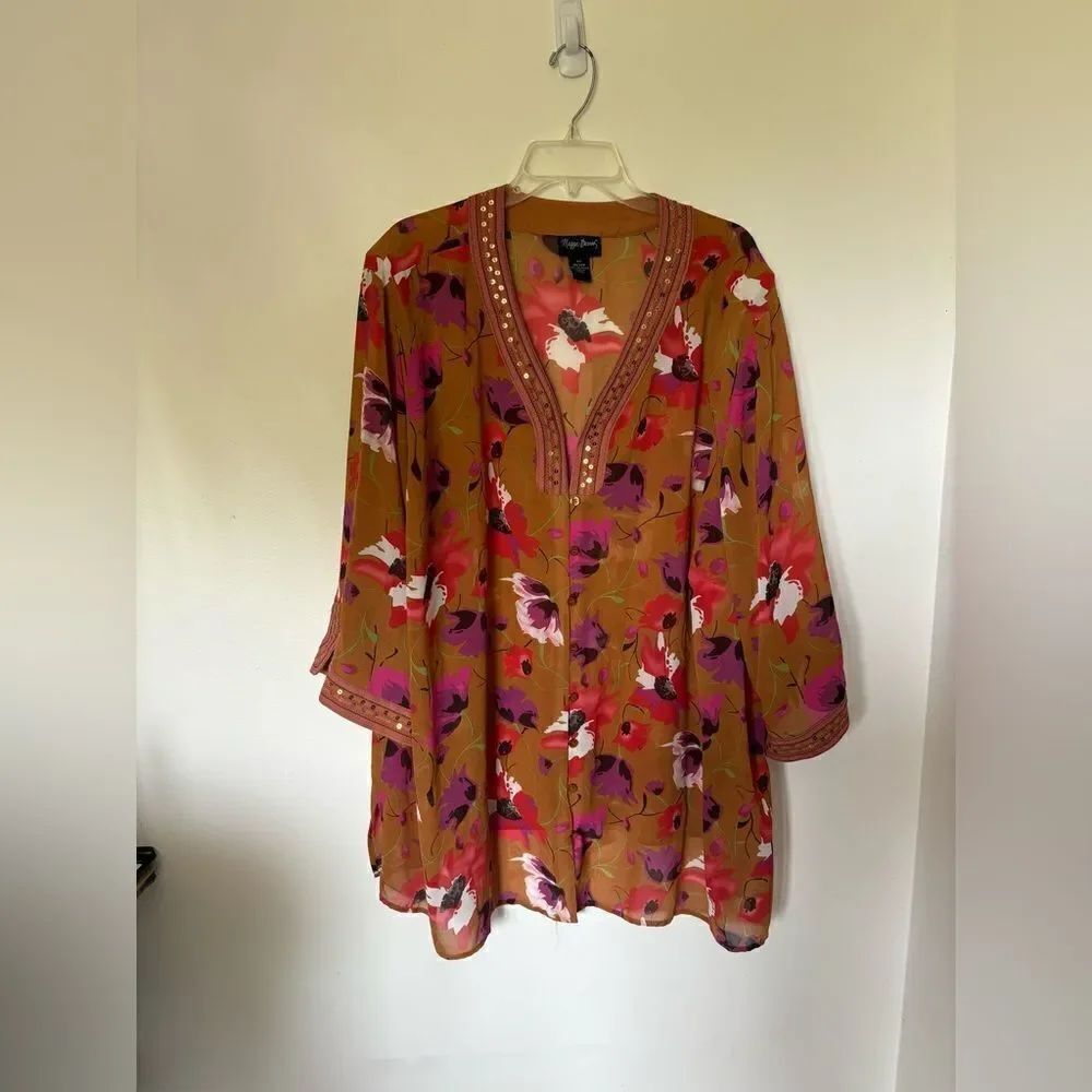Maggie Barnes plus size sheer floral embellished long sleeve blouse size 4X